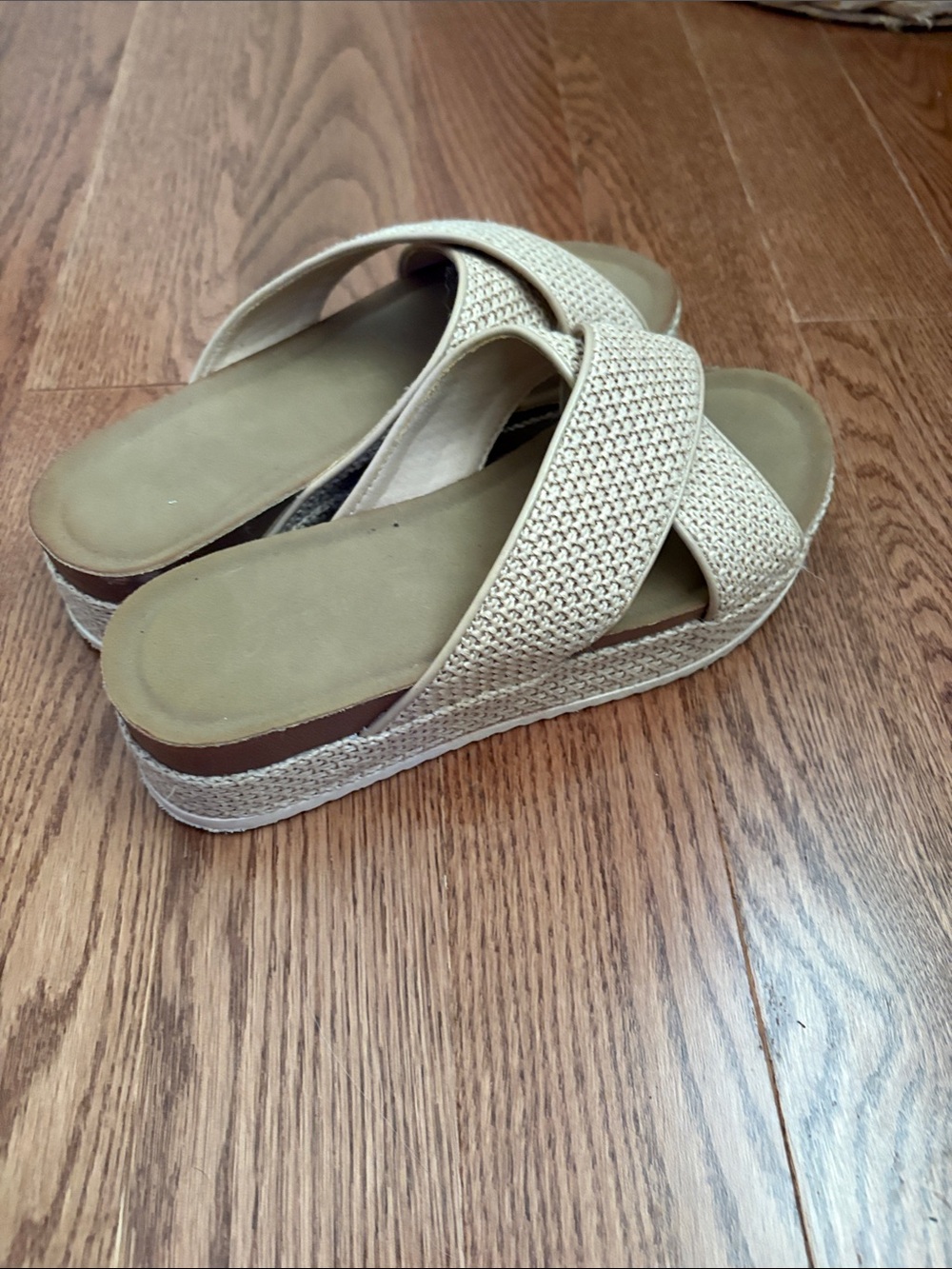 Neutral Beige Woven Platform Slide Sandals - Women